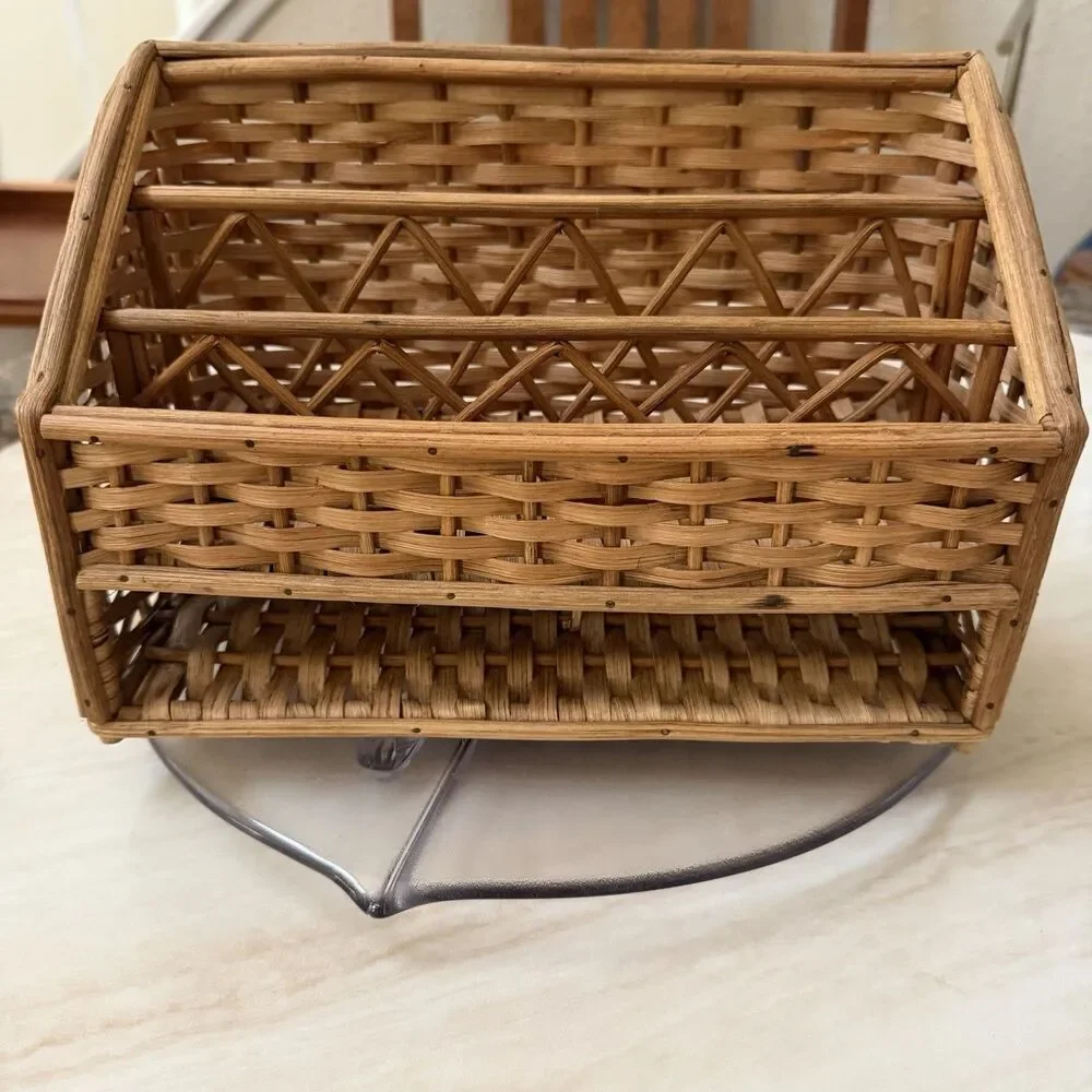 Vintage Wicker Rattan Divided Storage Basket Organizer Mail Utensil Holder 11”